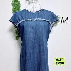 エクリュフィル・半袖デニムワンピース M ブルー フリンジ付き 厚手