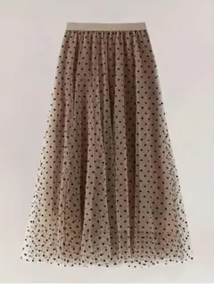 Dot tulle long skirt beige