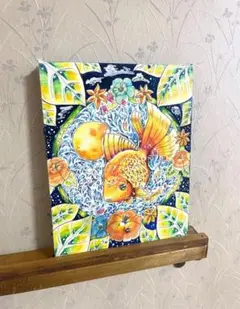 金魚と花の手描き水彩画 F0号サイズ