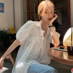 チュニック 韓国 2L 白 半袖 体型カバー レース ゆるだぼ ブラウス