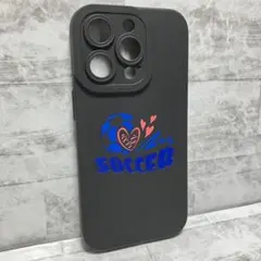 【iPhone14Pro】ソフトケース ブラック 黒 ハートとsoccerのロゴ