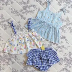 新品　80 夏服　上下セット　チェック　水色　アイス　花柄　ブルー