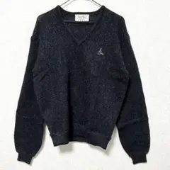 Troy Bros⭐️ (L) Vネックセーター ウール100% 刺繍ロゴ 伸縮