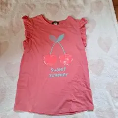 Okaidi 140 フリル袖 チェリー Tシャツ ピンク