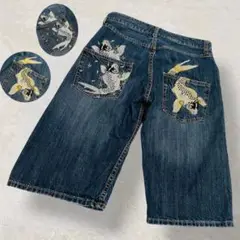 美品 デニム 和柄 登り鯉 金鯉 白鯉 刺繍 ハーフパンツ y2k 濃紺