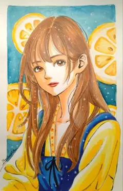 手描きイラストA4　コピック・水彩画『レモネード』