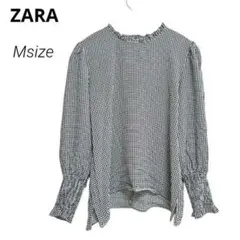ZARA ギンガムチェックブラウス シャーリング袖 長袖トップス Mサイズ