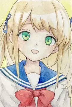 手描きイラスト 女の子 リボン ロングヘア セーラー服