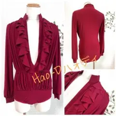 Hao-D★社交ダンス★サルサ★新品★メンズシャツ★フリル★ワイン★M★ハオディ