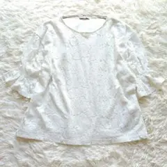 【美品】ZARA ブラウス　レース　五分袖　総柄　フリル袖　パフスリーブ