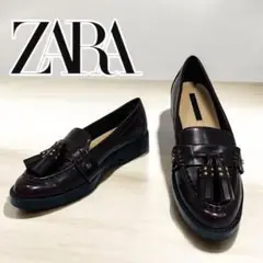 極美品 ZARA スタッズ タッセル ローファー ボルドー モカシン エナメル