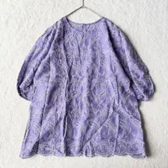 ペイズリー柄 刺繍 5分袖 コットン ブラウス LL パープル 美品 夏 秋