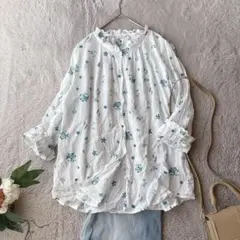 美品(M)長袖シャツ/ブラウス/コットン100%/綿/総柄/薄手/フリル/白