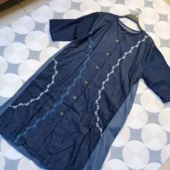 手作り紀行、花めぐり、刺繍入りダークブルー半袖ワンピース M/L