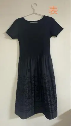 黒の刺繍入り半袖ひざ丈ワンピース