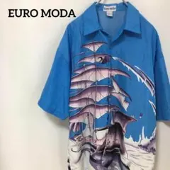 N-1955 EURO MODA シルク混 ポリシャツ 帆船 半袖シャツ XL