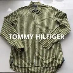 トミーヒルフィガー　オリーブグリーン ストライプ ワイシャツ