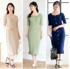 ウエストボタンリブニットワンピース
