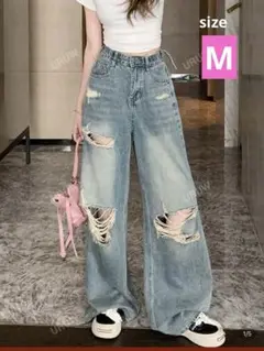 【SHEIN 】M シーイン ウォッシュド ダメージ ワイドレッグジーンズ