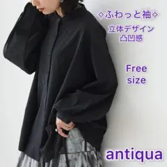 【antiquaアンティカ】凸凹感　スタンドカラーシャツ　ブラック　Free