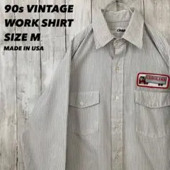 90sビンテージUSA製古着CINTAS長袖ワッペン付きストライプワークシャツM