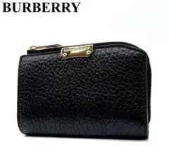 BURBERRY バーバリー 二つ折り財布 しぼ革 コンパクト ゴールド金具 黒