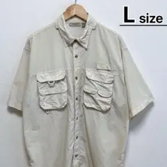 USA古着　フィッシングシャツ　半袖　L　ベージュ　無地　アウトドア　ナイロン