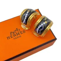 【美品】エルメス エマイユ イヤリング 七宝 パール柄 黒 ゴールド 1Q27