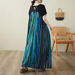 【新品】大きいサイズ 4L夏服 半袖 ブルー　ロングワンピース　ストライプ