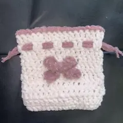 リボン　巾着　ポーチ　キラキラ　ハンドメイド　鍵編み　ピンク