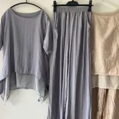 綿と麻混　セットアップ　イージーパンツスーツ　2着セット