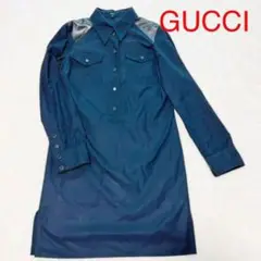 GUCCI グッチ レザー切り替え ワンピース シャツワンピ 黒 ブラック