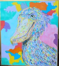 ハシビロコウ。色鉛筆画。コピック。手描きイラスト。小色紙。鳥。現代アート。