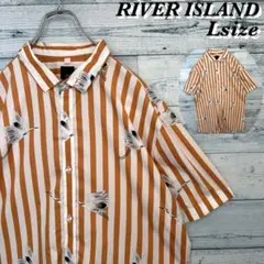 【希少】RIVER ISLAND ストライプ 鶴 デザイン シャツ L 柄シャツ