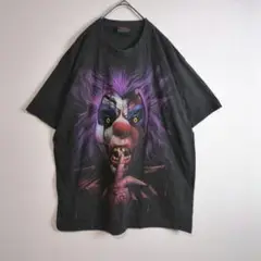 Tシャツ (L) ピエロプリント ホラー 両面プリントデザイン 黒系 古着