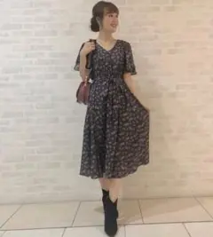 31sonsdemode 小花柄デシンワンピース　チャコールグレー