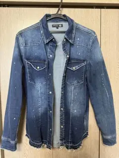 ダメージペンキ加工 インディゴブルーデニム長袖シャツ
