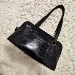 美品 WAKO 銀座和光 ハンドバッグ クロコ型押し レザー 黒
