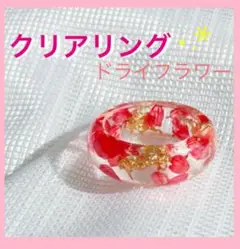 【ドライフラワー入り】クリアリング シースルー ドライフラワー 透明 レッド 赤