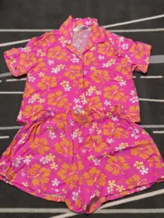 美品 リゾートコーデ ハイビスカス柄 セットアップ ピンク 薄手 夏服