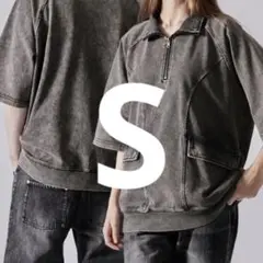CLEL ヴィンテージデザイン半袖ハーフジップTシャツ Sサイズ ブラック系1