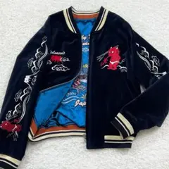 Power of Devils 悪魔刺繍の青白スカジャン フリーサイズ 90s 和柄 刺繍 デビル 小悪魔 スカジャン ヴィンテージ 日本製