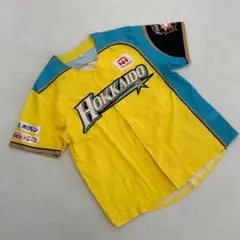 北海道日本ハムファイターズ 黄色 水色 野球シャツ 刺繍 スポンサー 半袖 F
