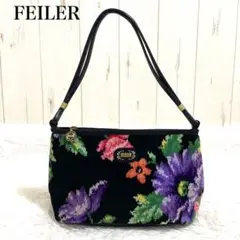〖美品〗フェイラー ハンドバッグ 肩かけ可能 シュニール織り 花柄 ブラック