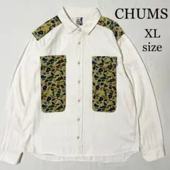 CHUMS チャムス ポケット切替 迷彩 コットンシャツ 白シャツ XL