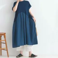 新品 ドッキングワンピース デニム インディゴ コットン ネイビー フリー