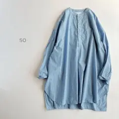 so ⿻ コットン ストライプ バンドカラー チュニック ブラウス ブルー 夏秋