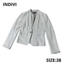 INDIVI ツイードライク ノーカラージャケット サイズ38 ホワイト×ブルー