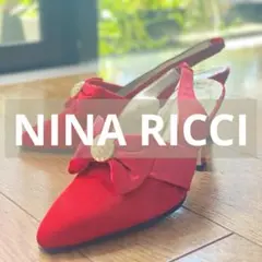 【サンダル】NINA RICCI 赤リボン サテン サンダル 中ヒール