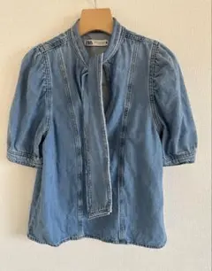 ZARA デニムブルー 半袖シャツ リボン付き